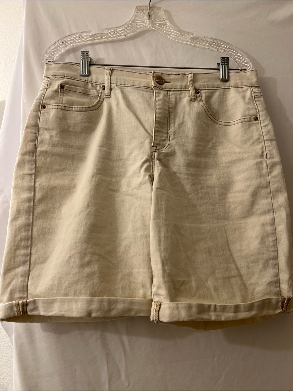 High-Rise Cream Bermuda Shorts with Rolled Hem